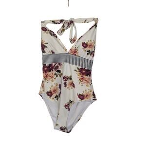 Cupshe One Piece Swimsuit White with Floral Print Halter Top Womens Size Large